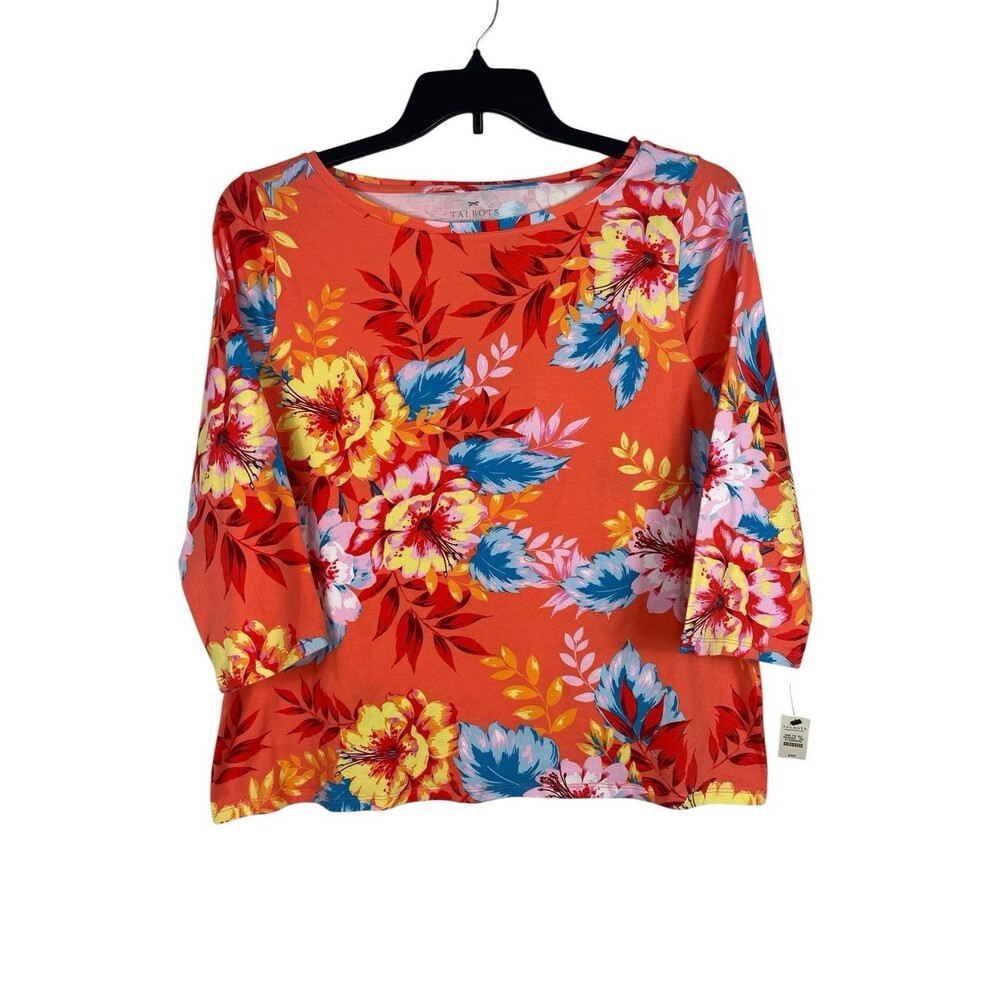 Talbots Tropical Orange Floral Top Womens 2XP Stretch Blouse NWT Vacation Resort